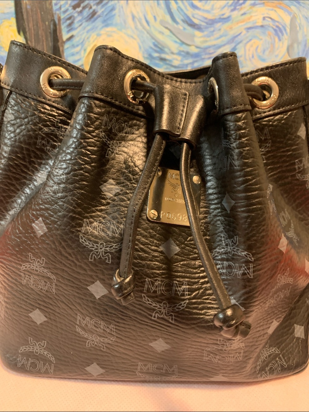 MCM Monogram leather Drawstring Crossbody Bucket Bag. - Picture 6 of 10